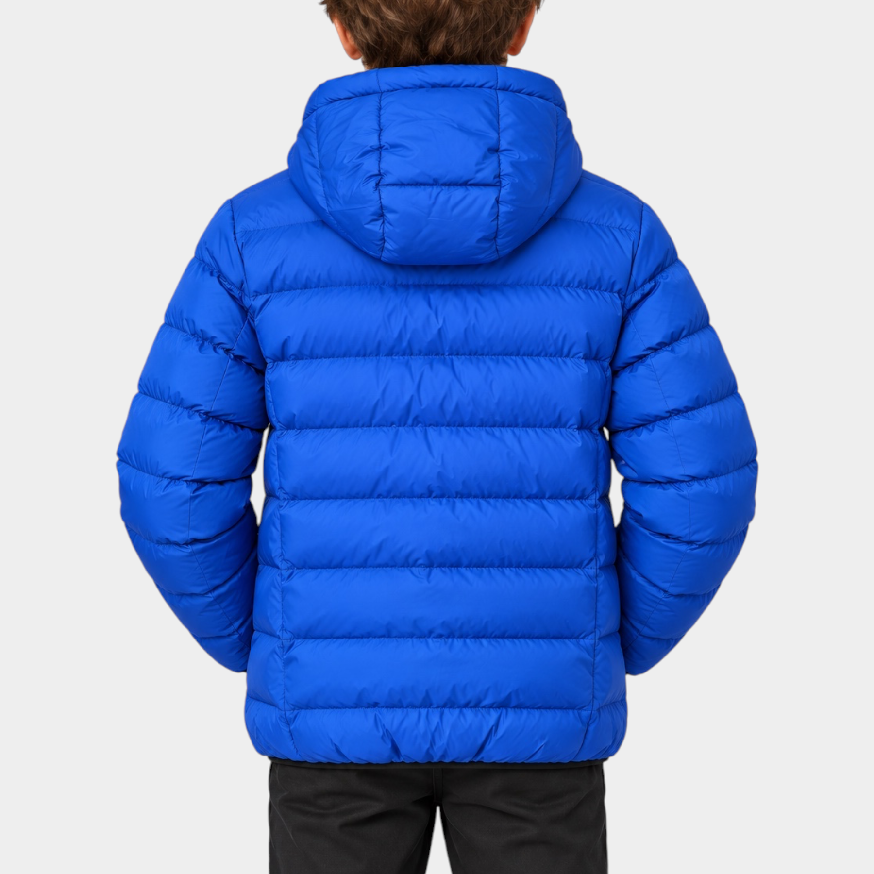 Ragazzo indossa giubbino reversibile blu con cappuccio di Follower SRL, vista posteriore su sfondo neutro