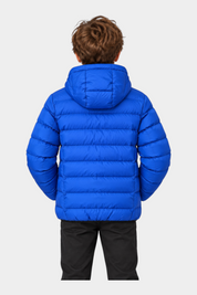 Ragazzo indossa giubbino reversibile blu con cappuccio di Follower SRL, vista posteriore su sfondo neutro