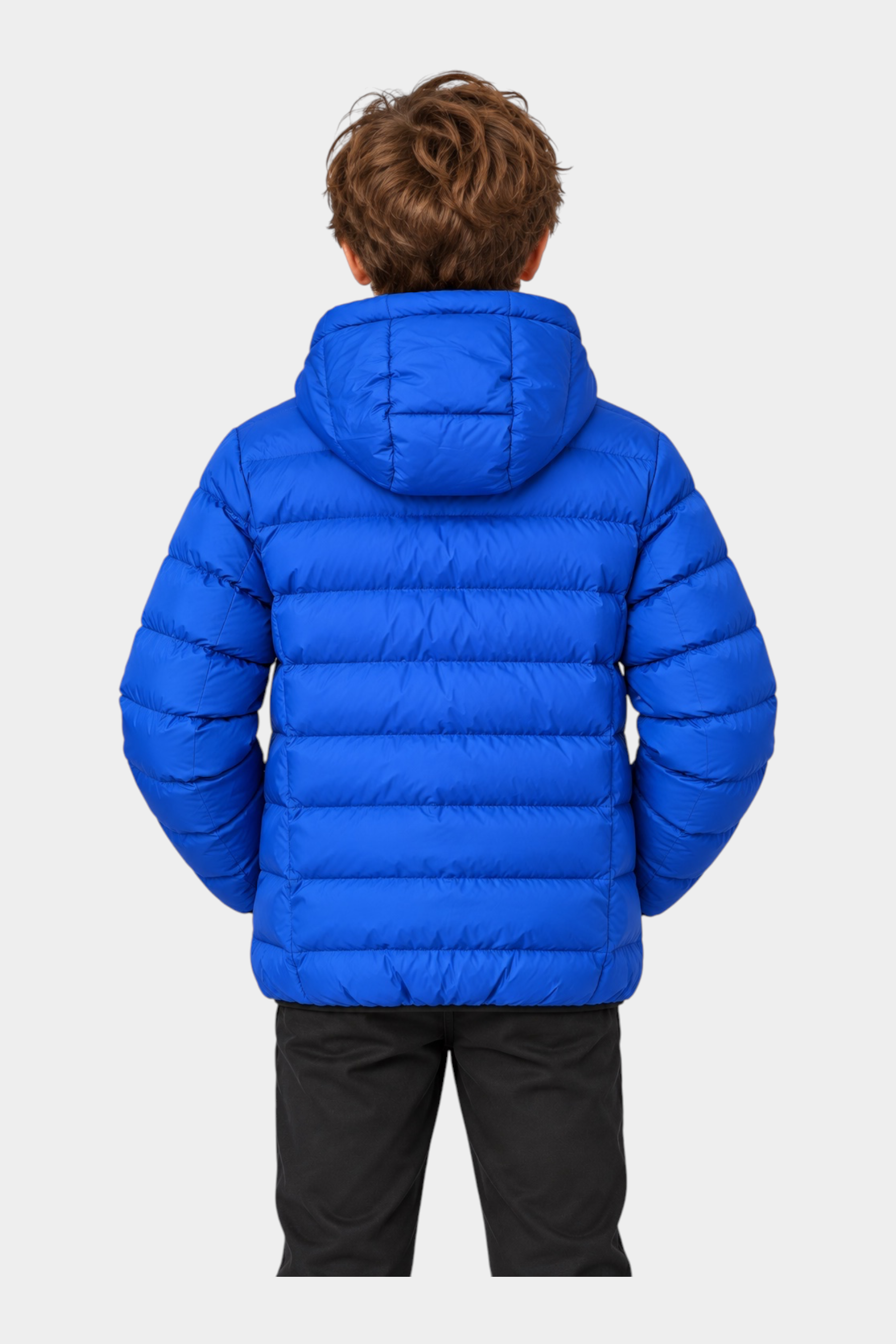 Ragazzo indossa giubbino reversibile blu con cappuccio di Follower SRL, vista posteriore su sfondo neutro