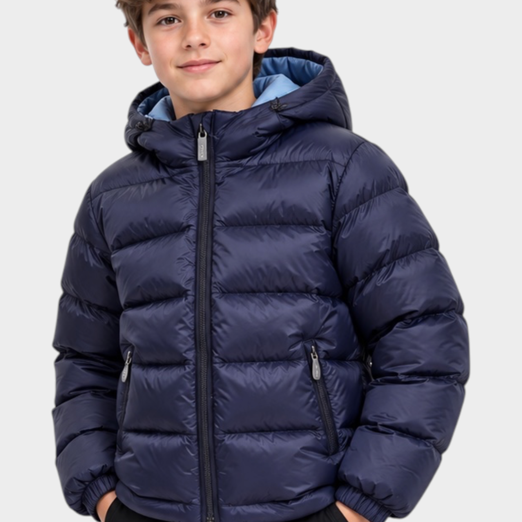 Ragazzo indossa giubbino reversibile Follower SRL blu imbottito con cappuccio e chiusura a zip