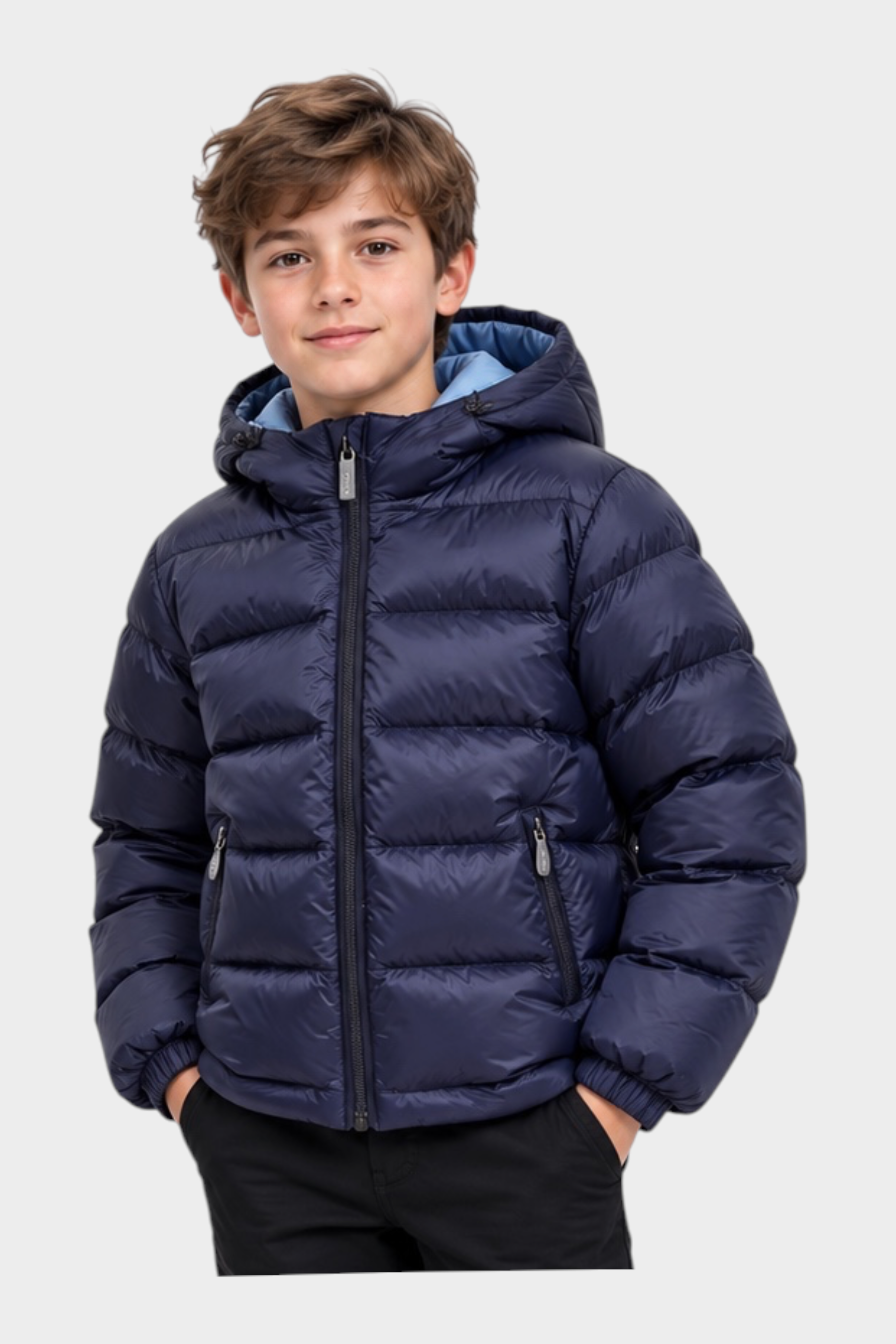 Ragazzo indossa giubbino reversibile Follower SRL blu imbottito con cappuccio e chiusura a zip