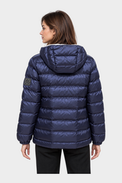 Giubbino reversibile unisex Follower SRL blu trapuntato con cappuccio e patch logo sulla manica