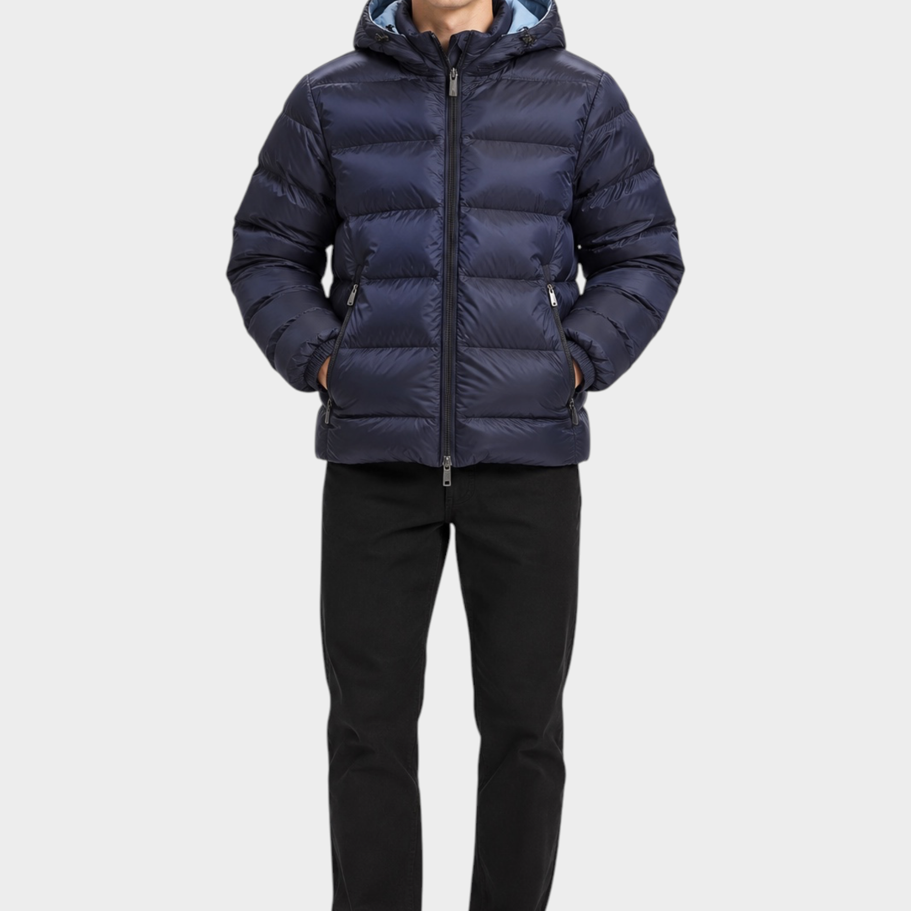 Modello indossa giubbino reversibile Follower SRL blu scuro imbottito con cappuccio e cerniera frontale