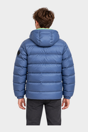 Vista posteriore di un giubbino reversibile Follower SRL blu con cappuccio indossato da un ragazzo