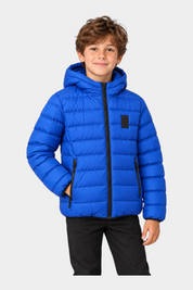 Ragazzo indossa giubbino reversibile blu trapuntato con cappuccio di Follower SRL, design sportivo con zip nera