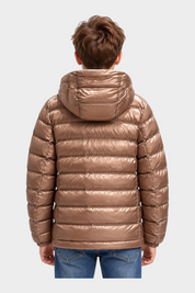 Giubbino reversibile Follower SRL color bronzo metallizzato con cappuccio, vista posteriore su modello