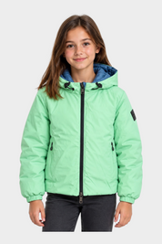 Ragazza indossa giubbino reversibile Follower SRL verde menta con cappuccio e zip nera