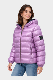 Giubbino reversibile Follower SRL da donna, trapuntato, colore viola lucido con cappuccio e chiusura a zip