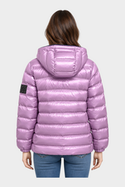 Giubbino reversibile Follower SRL da donna, trapuntato color viola lucido con cappuccio, vista posteriore