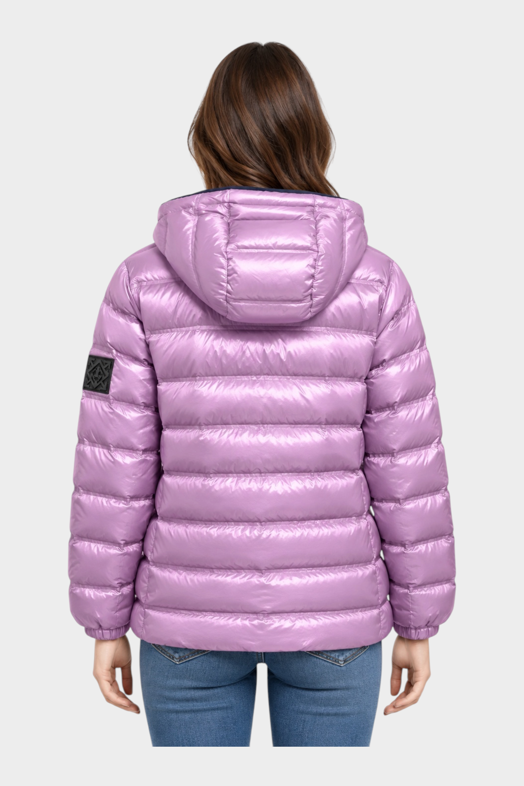 Giubbino reversibile Follower SRL da donna, trapuntato color viola lucido con cappuccio, vista posteriore