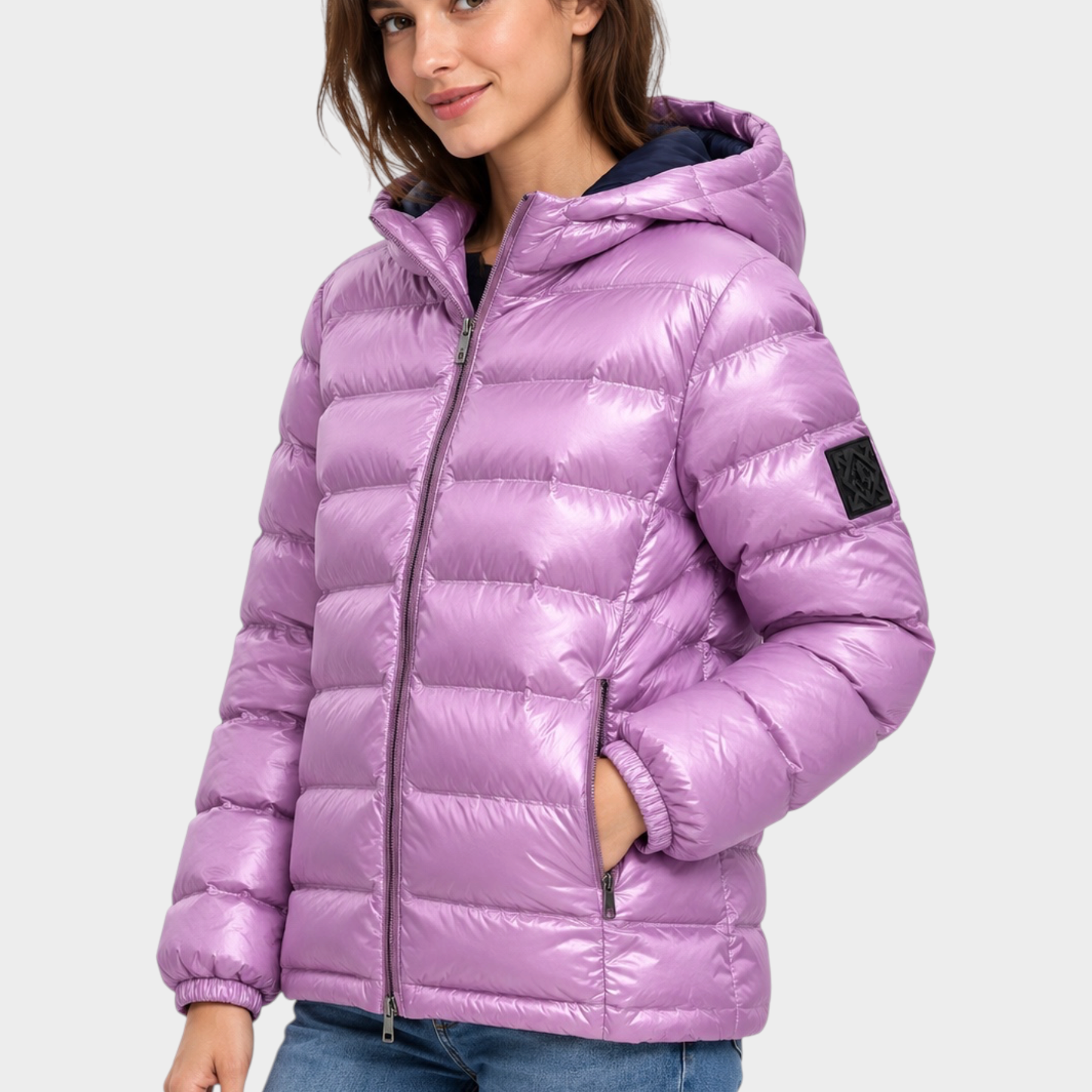 Giubbino reversibile Follower SRL da donna, trapuntato lucido color viola con cappuccio e chiusura a zip