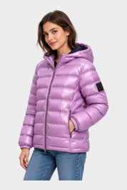 Giubbino reversibile Follower SRL da donna, trapuntato lucido color viola con cappuccio e chiusura a zip