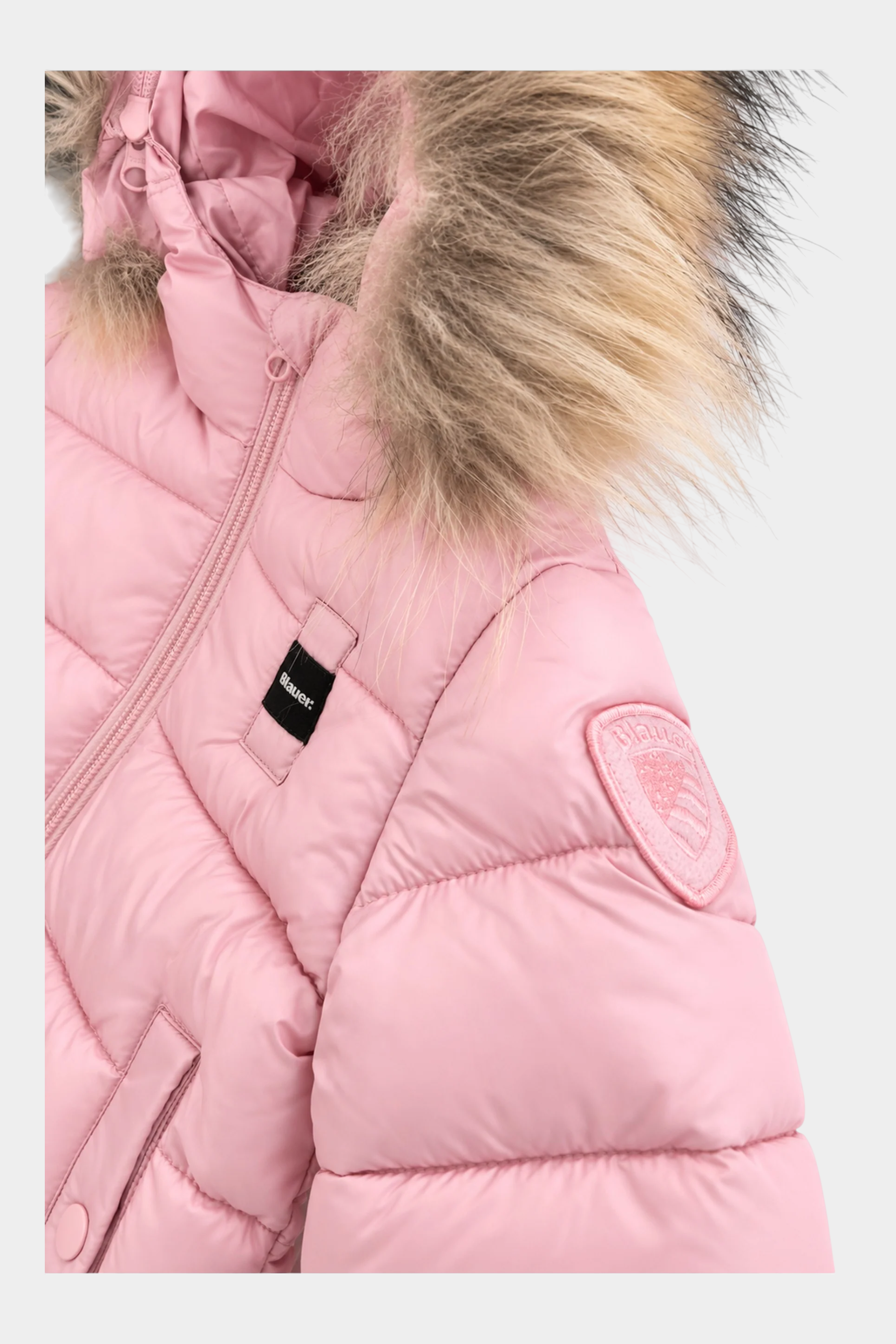 Giubbino unisex rosa Amory di Follower SRL con trapuntatura, cappuccio con bordo in pelliccia sintetica e logo Blauer