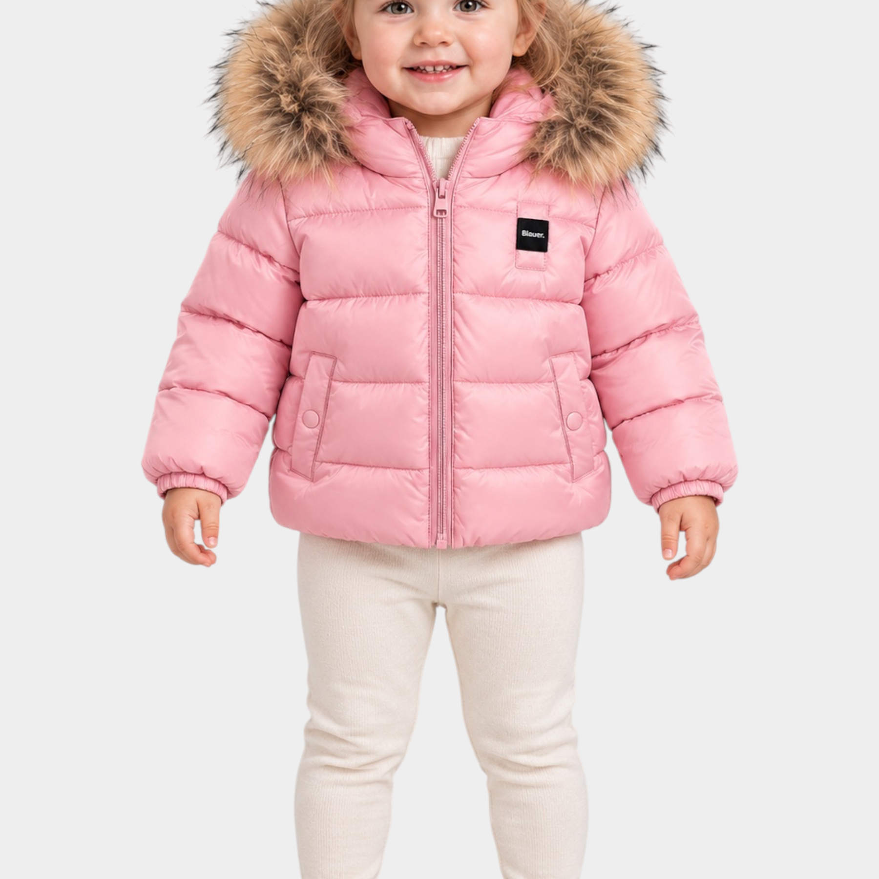 Bambina che indossa un giubbino imbottito rosa Blauer con cappuccio bordato in pelliccia sintetica Follower SRL