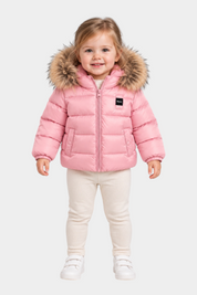Bambina che indossa un giubbino imbottito rosa Blauer con cappuccio bordato in pelliccia sintetica Follower SRL