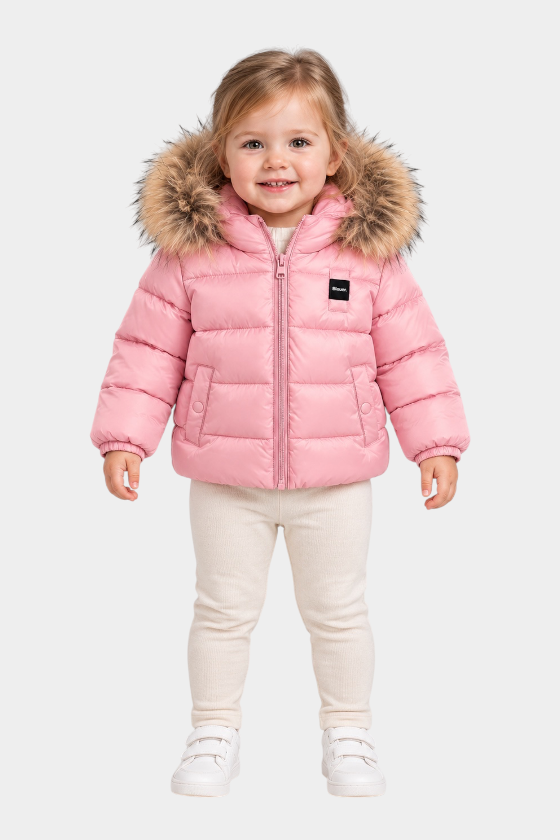 Bambina che indossa un giubbino imbottito rosa Blauer con cappuccio bordato in pelliccia sintetica Follower SRL