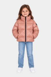 Bambina indossa giubbino rosa Blauer in nylon lucido trapuntato con collo alto, proposto da Follower SRL