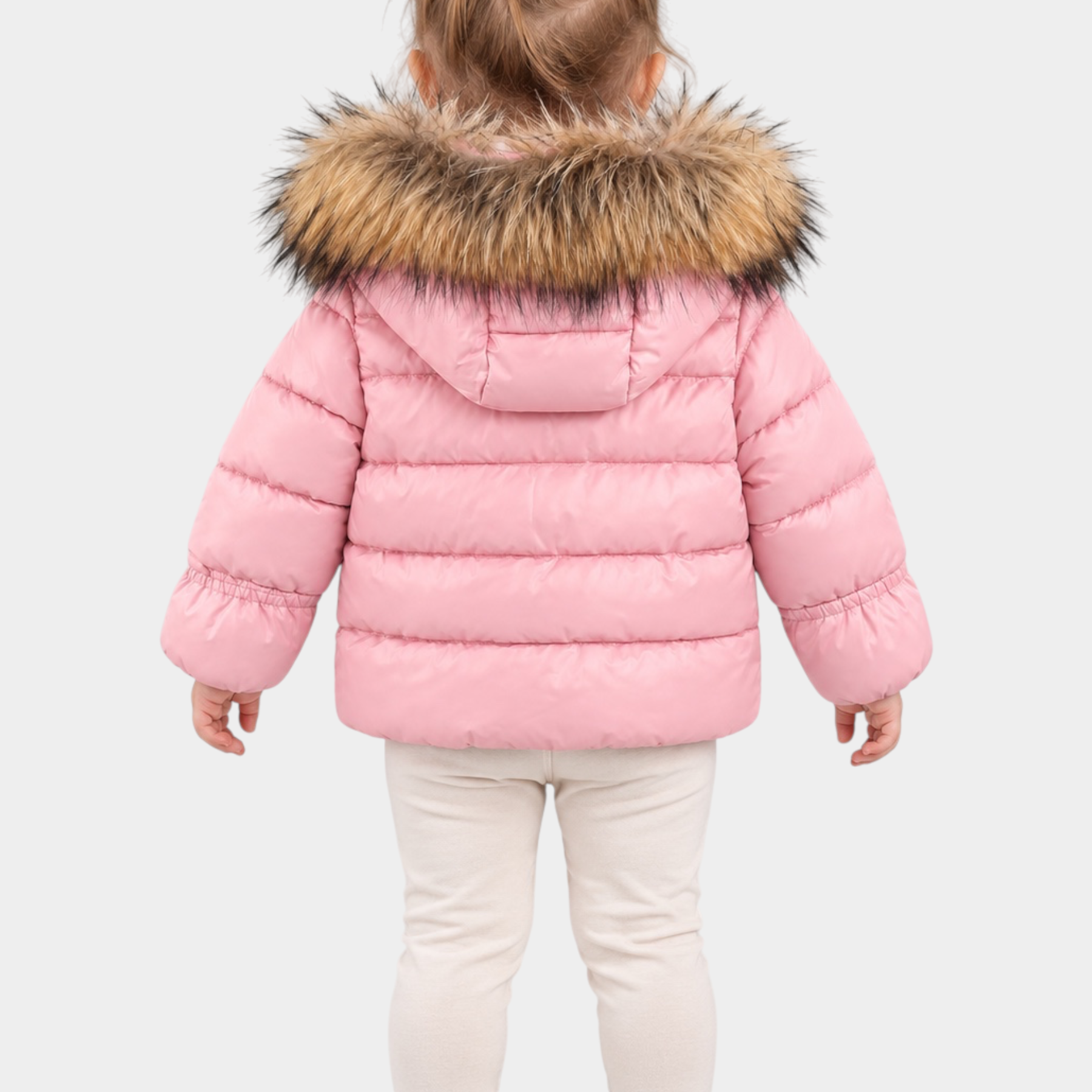Bambina di spalle indossa giubbino imbottito rosa Blauer con cappuccio bordato in pelliccia sintetica Follower SRL