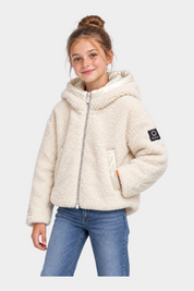 Bambina indossa giubbino teddy avorio con cappuccio e dettagli in nylon Follower SRL