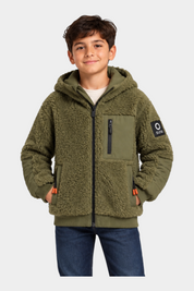 Bambino indossa giubbino teddy verde Follower SRL con cappuccio, tasca frontale e dettagli a contrasto
