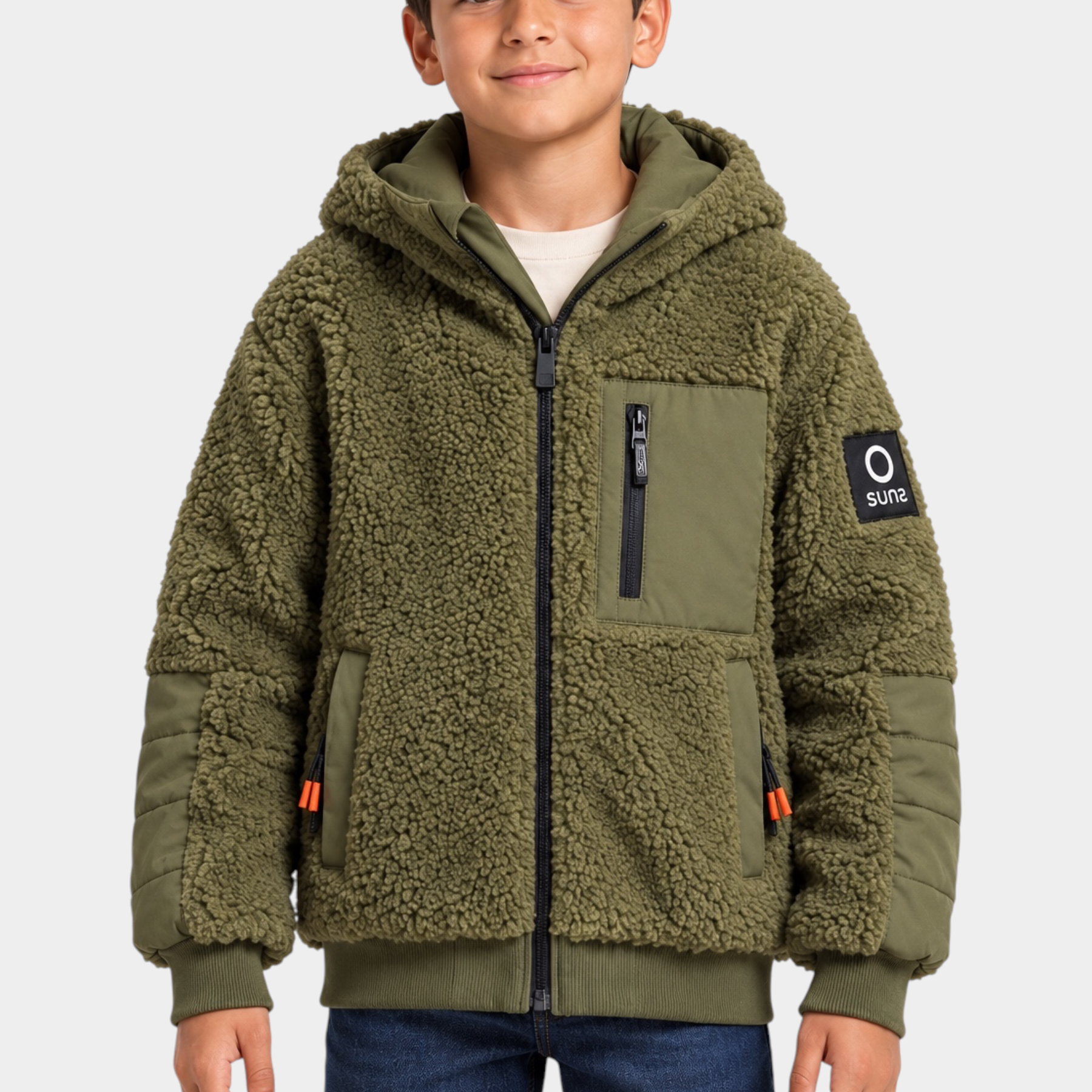 Giubbino Teddy Brumal Follower SRL per bambino in pile verde con cappuccio, tasca frontale e dettagli a contrasto
