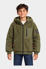 Giubbino Teddy Brumal Follower SRL per bambino in pile verde con cappuccio, tasca frontale e dettagli a contrasto