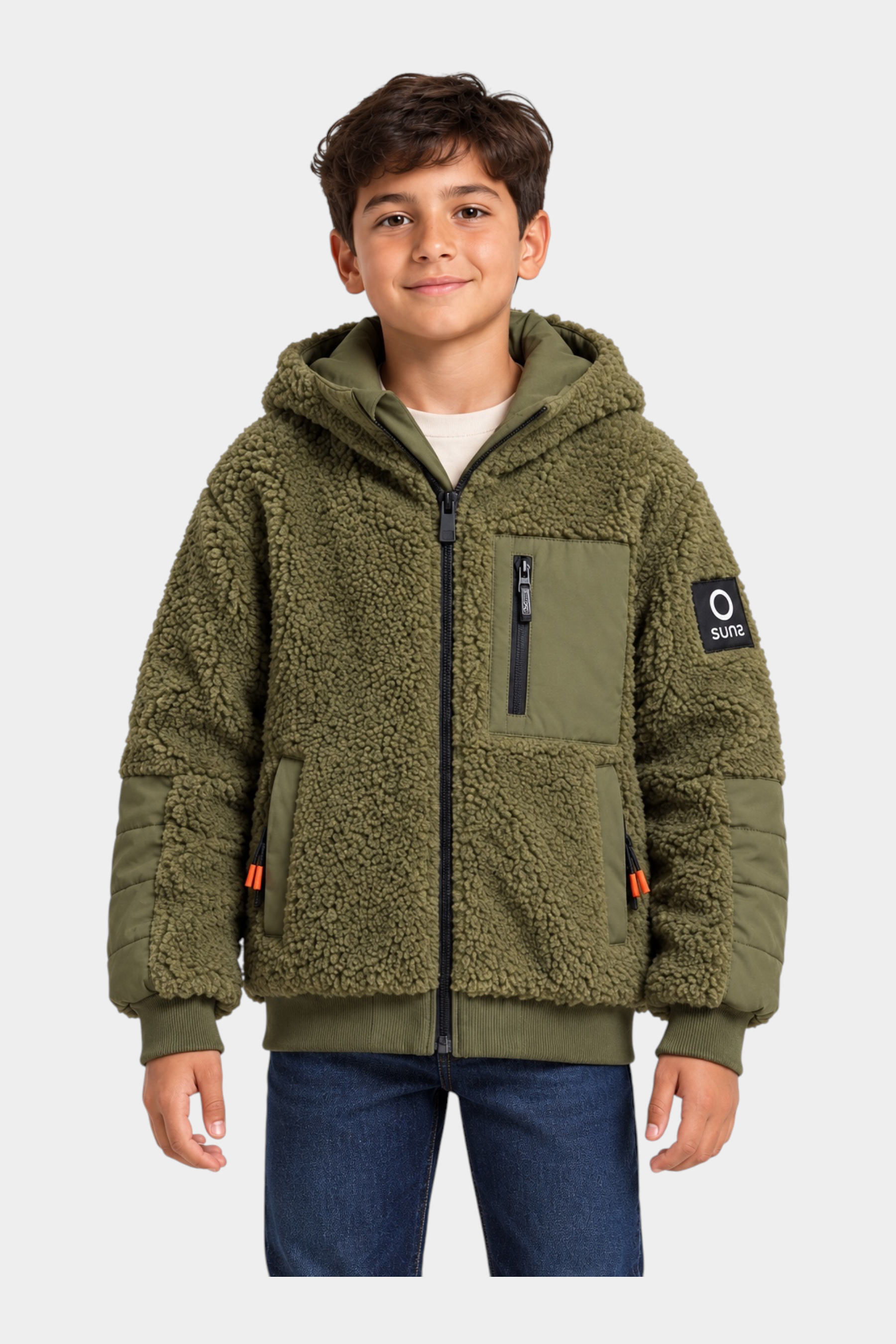 Giubbino Teddy Brumal Follower SRL per bambino in pile verde con cappuccio, tasca frontale e dettagli a contrasto