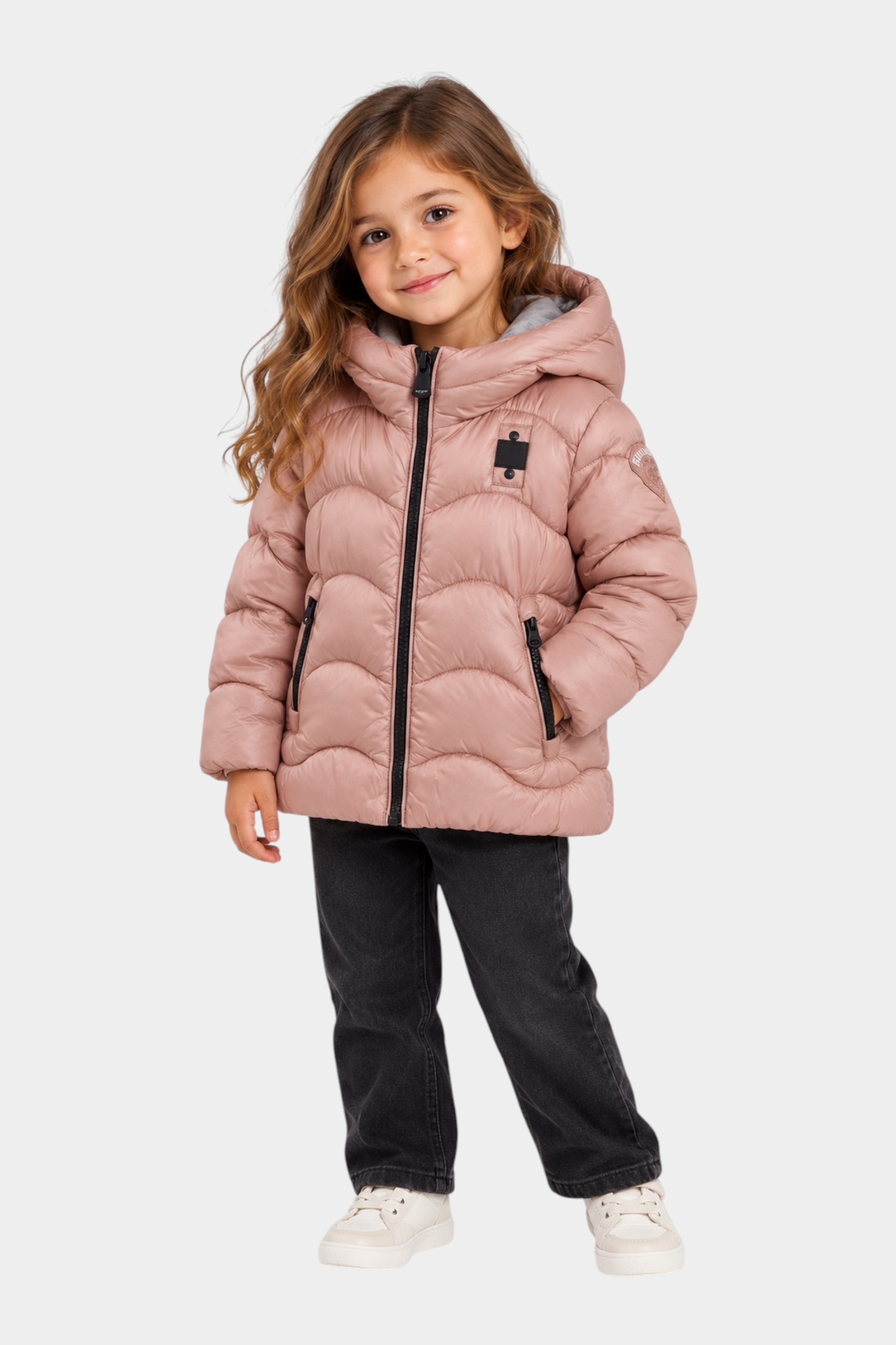 Bambina indossa giubbino trapuntato rosa Blauer con cappuccio, zip nere e patch logo glitterato, Follower SRL