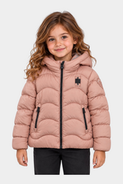 Bambina indossa giubbino trapuntato rosa Blauer con cappuccio, zip nere e patch logo glitterato, Follower SRL