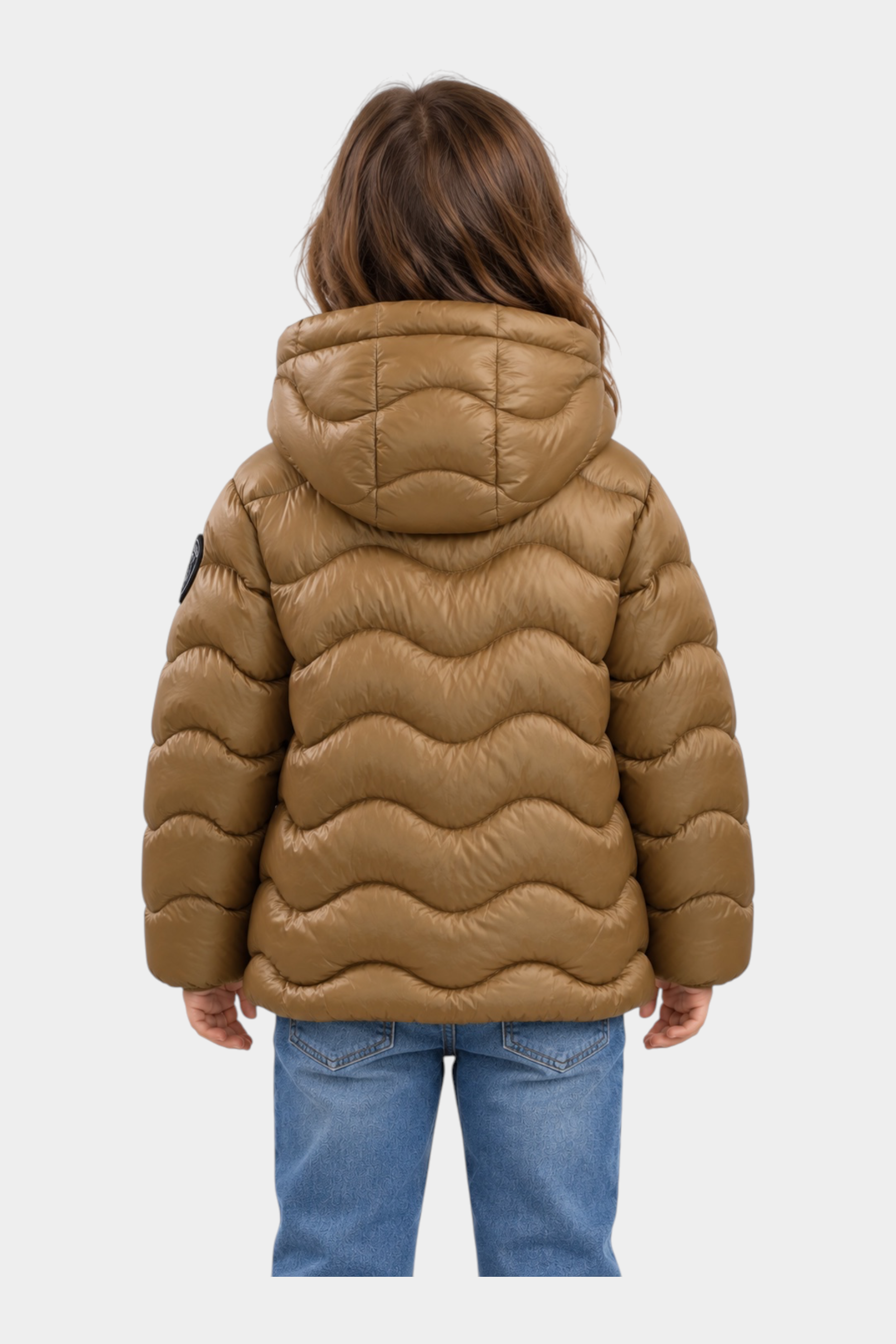 Giubbino trapuntato Follower SRL per bambina color verde con cappuccio e motivo a onde, vista posteriore
