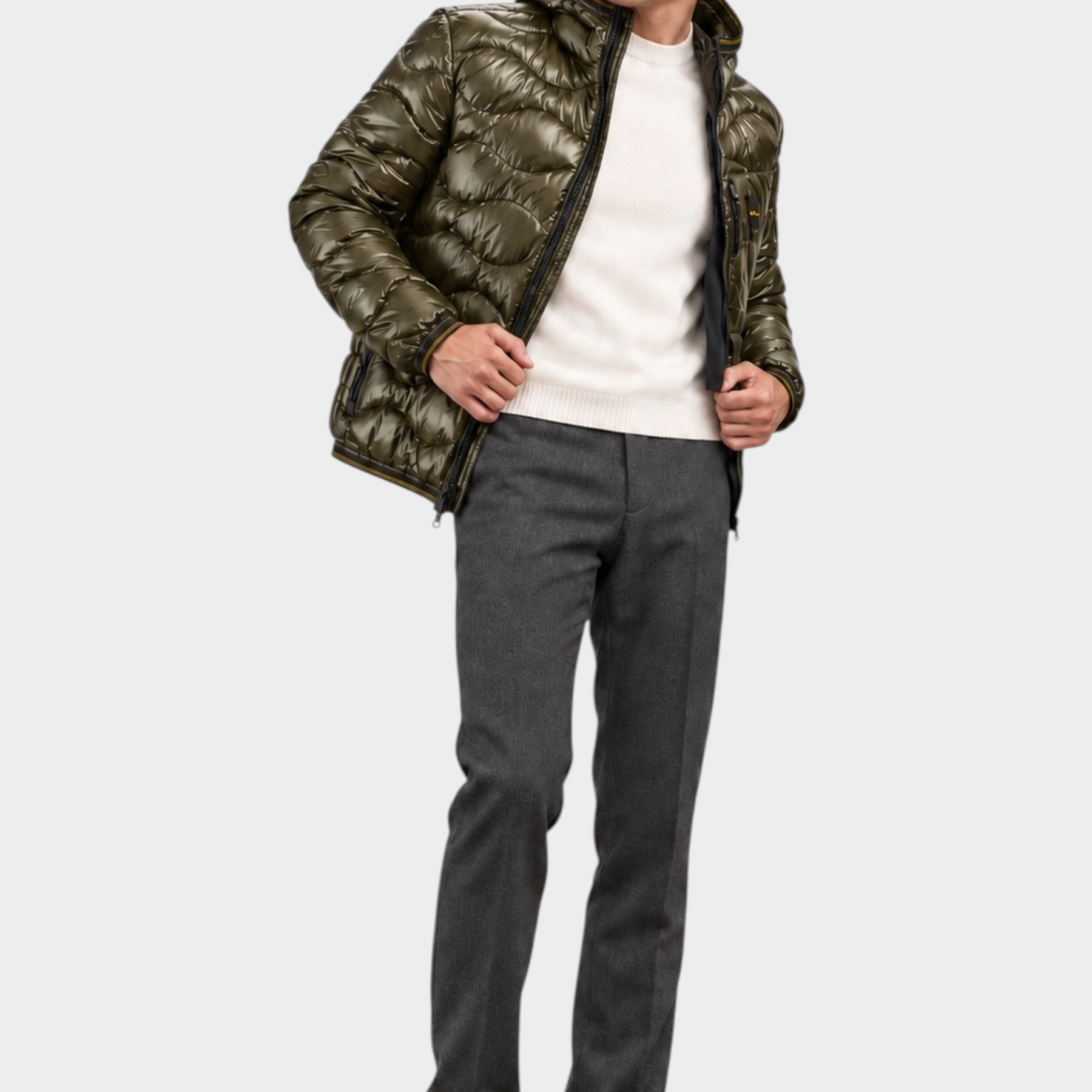 Modello indossa giubbino trapuntato verde lucido con cappuccio Follower SRL, stile casual invernale