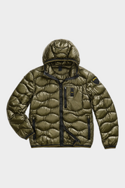 Giubbino trapuntato a onde verde Follower SRL con cappuccio, zip frontale e logo Blauer sulla manica
