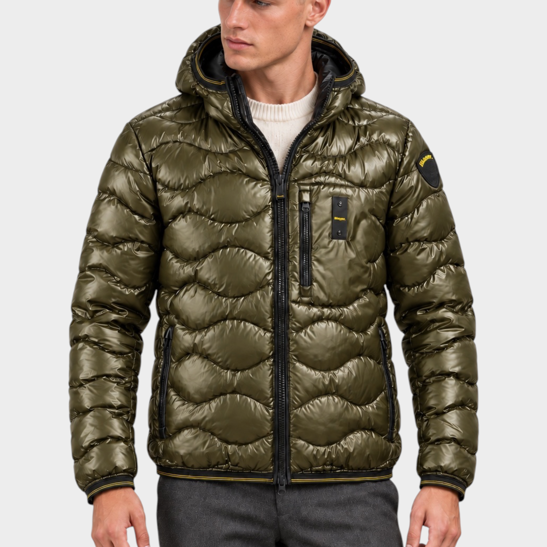 Giubbino Follower SRL verde da uomo con trapuntatura a onde, cappuccio e chiusura con zip frontale
