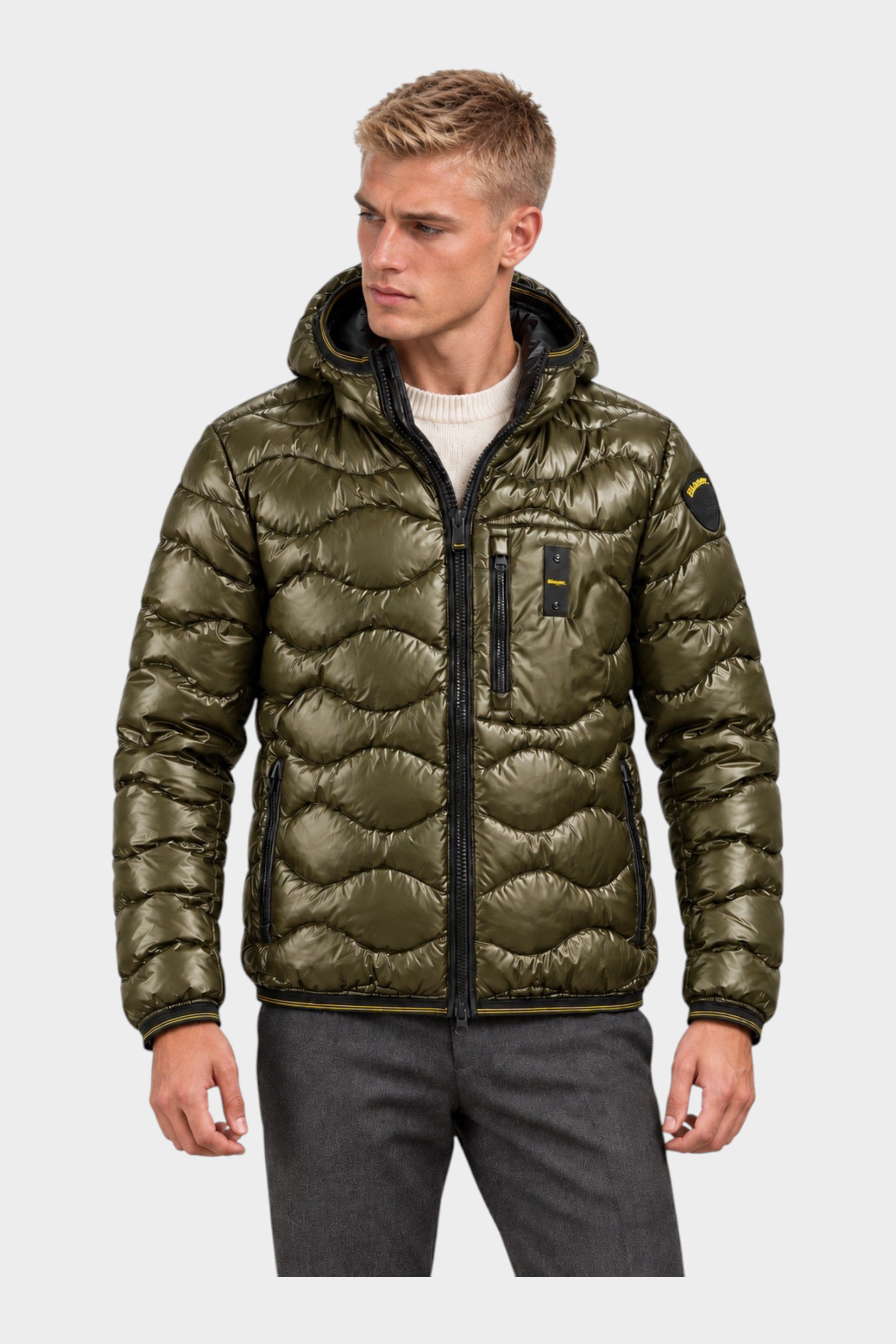 Giubbino Follower SRL verde da uomo con trapuntatura a onde, cappuccio e chiusura con zip frontale