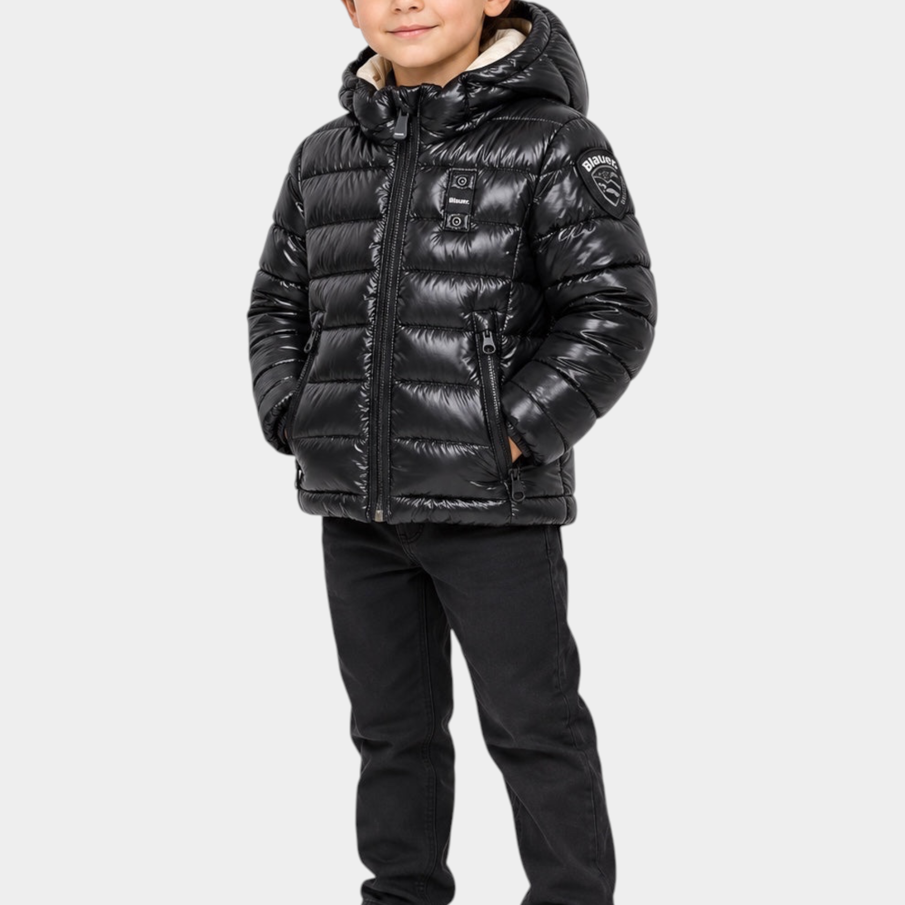 Bambino indossa giubbotto Follower SRL Blauer nero in micro rip idrorepellente con cappuccio e logo glitterato