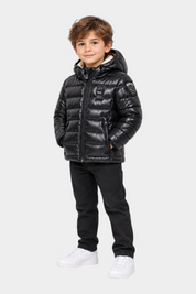 Bambino indossa giubbotto Follower SRL Blauer nero in micro rip idrorepellente con cappuccio e logo glitterato