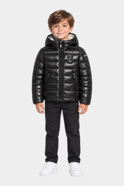 Bambino indossa giubbotto Follower SRL Blauer nero in micro rip idrorepellente con cappuccio e logo glitterato