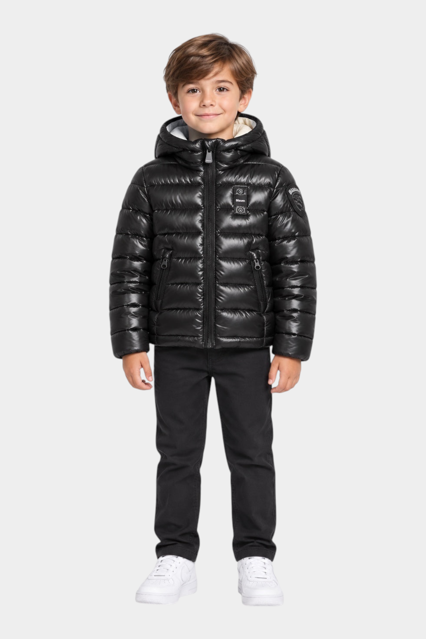 Bambino indossa giubbotto Follower SRL Blauer nero in micro rip idrorepellente con cappuccio e logo glitterato