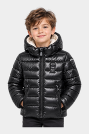 Bambino indossa giubbotto Follower SRL Blauer nero in micro rip idrorepellente con cappuccio e logo glitterato