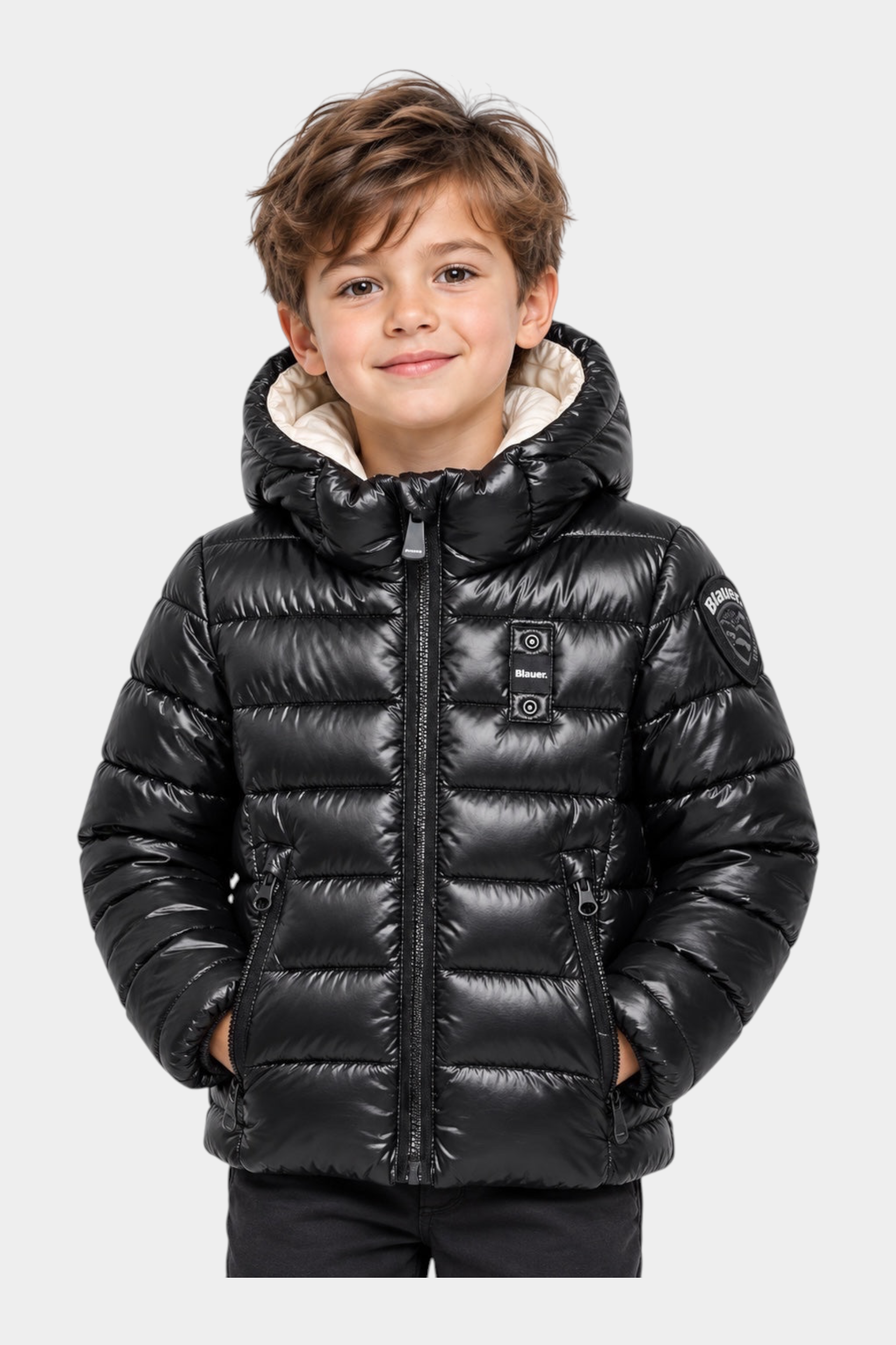 Bambino indossa giubbotto Follower SRL Blauer nero in micro rip idrorepellente con cappuccio e logo glitterato