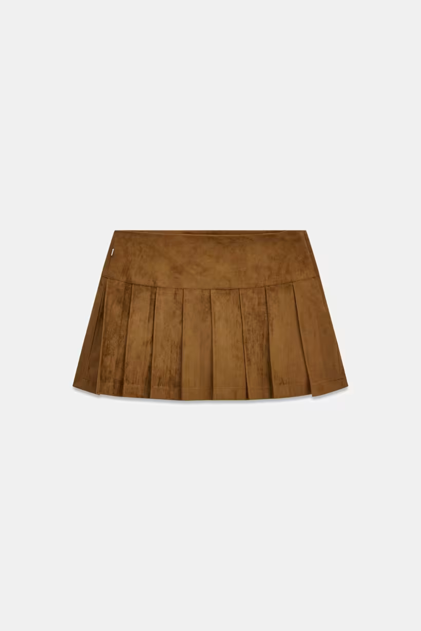Gonna plissettata corta in pelle scamosciata marrone GUESS proposta da Follower SRL