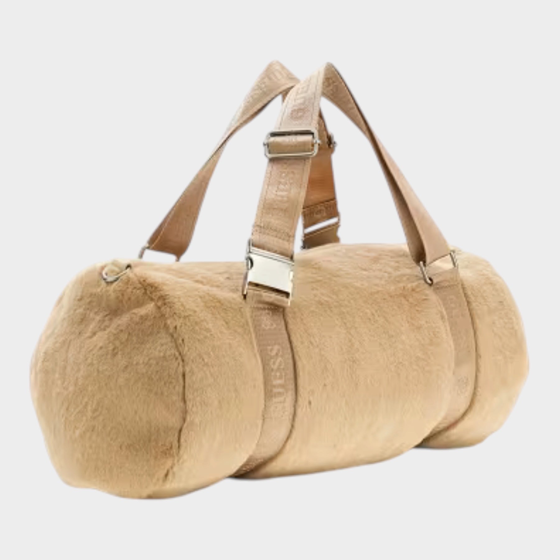 Borsa a cilindro Follower SRL Guess in morbida pelliccia sintetica beige con manici logati e dettagli in metallo