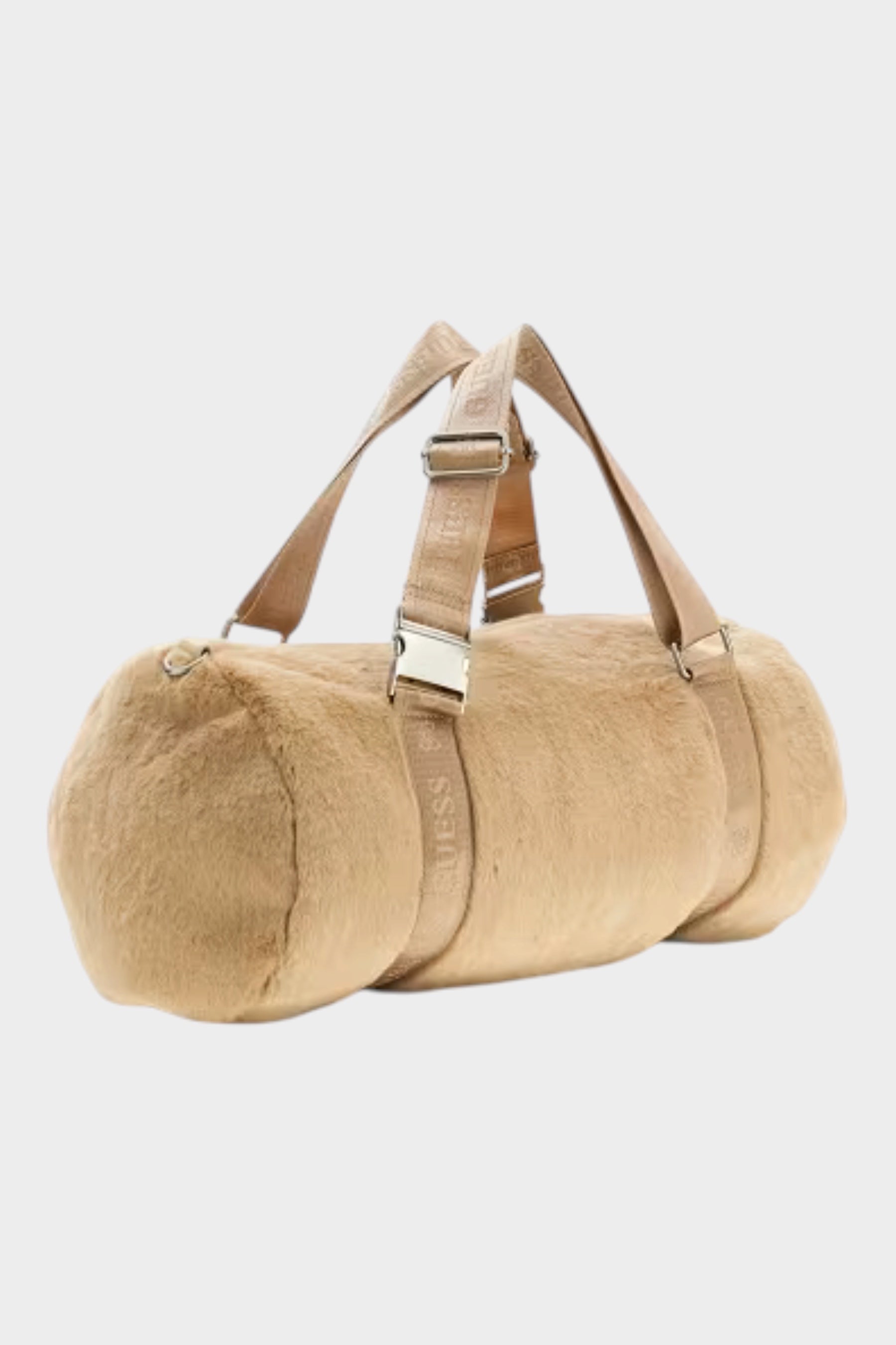 Borsa a cilindro Follower SRL Guess in morbida pelliccia sintetica beige con manici logati e dettagli in metallo
