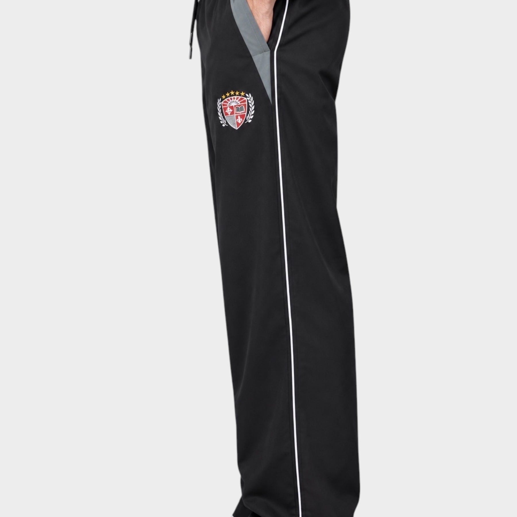 Pantaloni jogger Follower SRL GUESS in nylon nero con profili bianchi, inserti grigi e stemma laterale