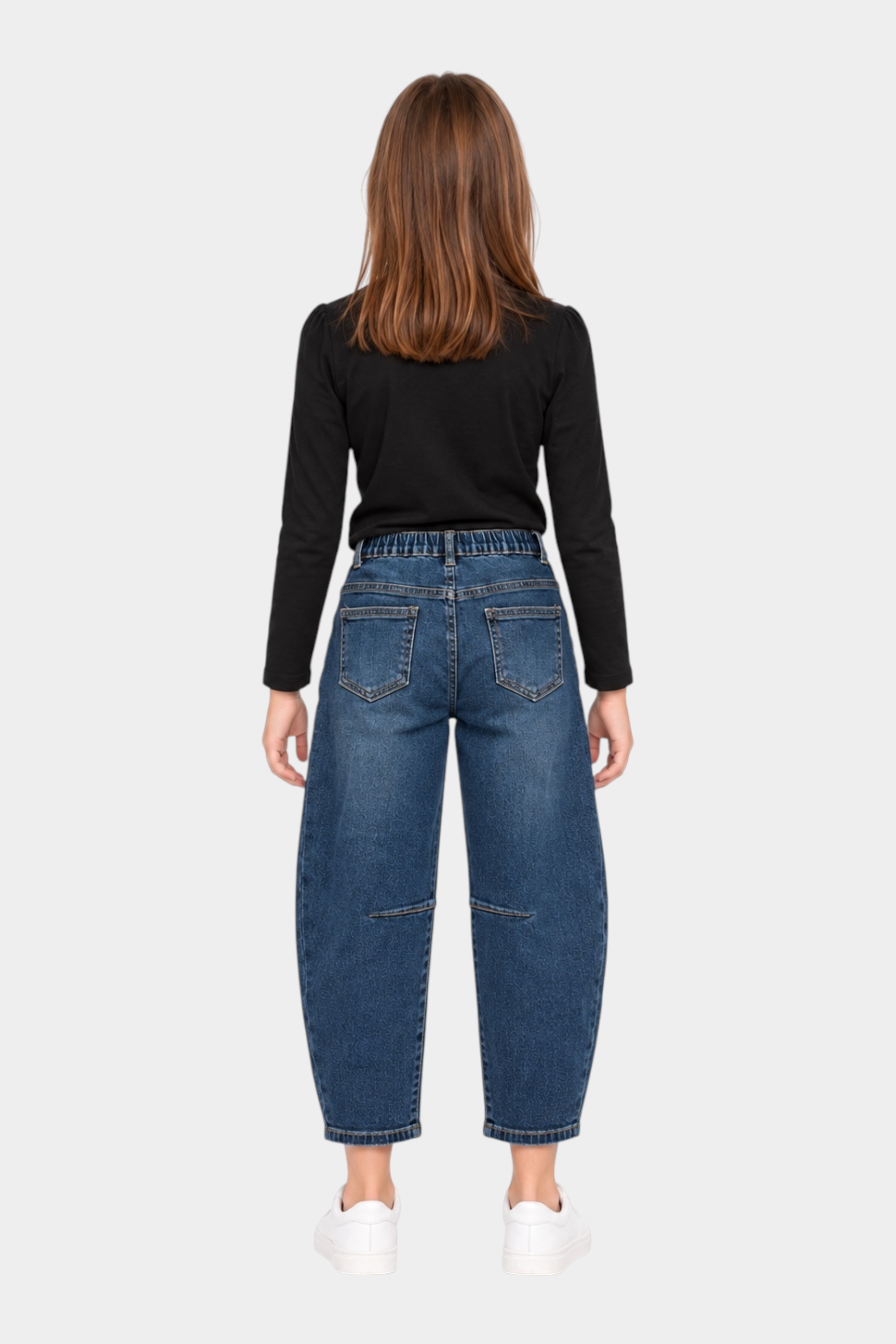 Jeans baggy blu da bambina MA VIE PARIS di Follower SRL, vista posteriore con taglio ampio e vita elasticizzata
