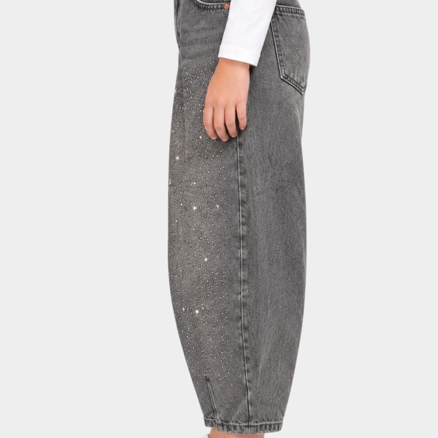 Jeans baggy grigi da bambina Follower SRL con decorazioni di strass brillanti, vista laterale
