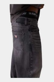 Jeans baggy grigi Follower SRL in denim con 5 tasche, vita media e logo Guess sulla tasca posteriore