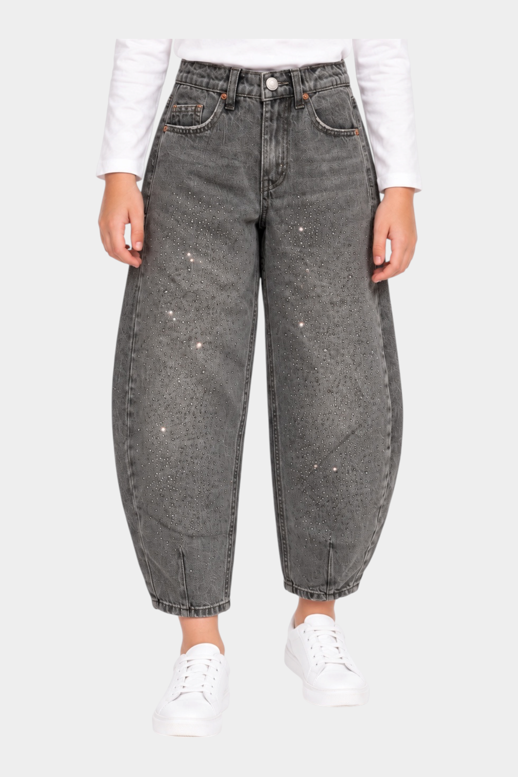 Jeans baggy grigi Follower SRL per bambina con decorazioni di strass brillanti e taglio a palloncino