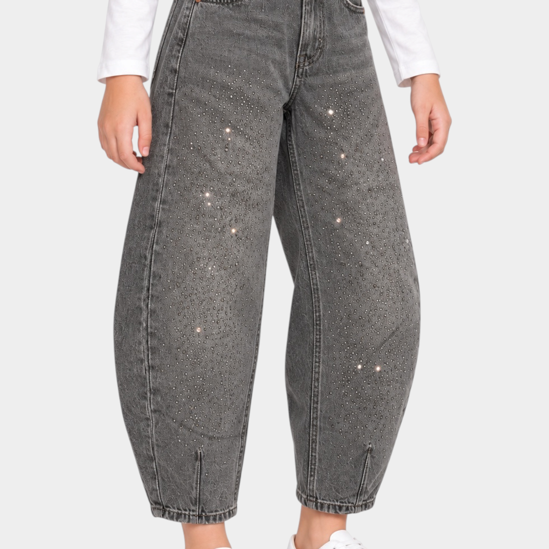 Jeans baggy grigi da bambina MA VIE PARIS di Follower SRL con decorazioni di strass e fondo a palloncino