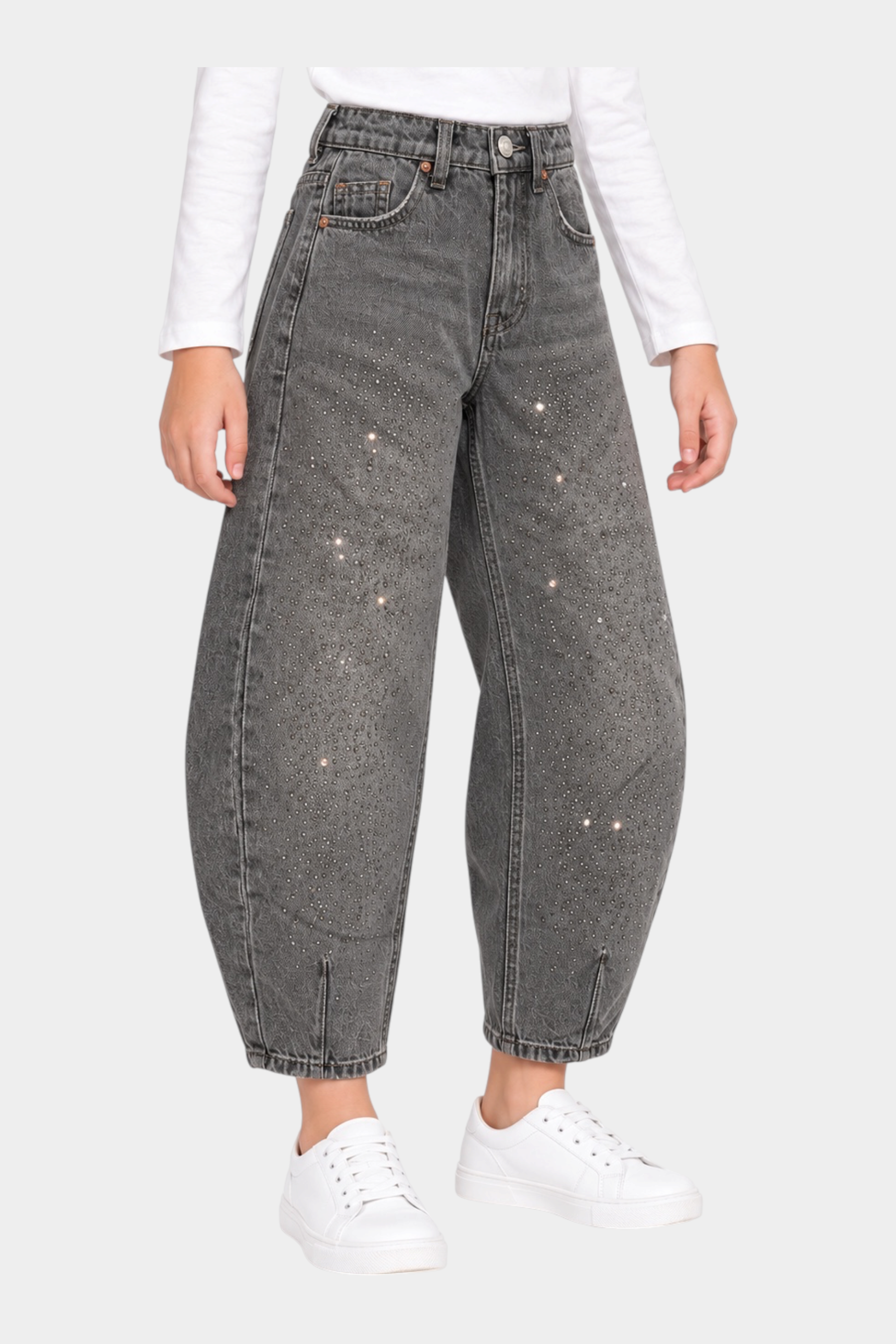 Jeans baggy grigi da bambina MA VIE PARIS di Follower SRL con decorazioni di strass e fondo a palloncino
